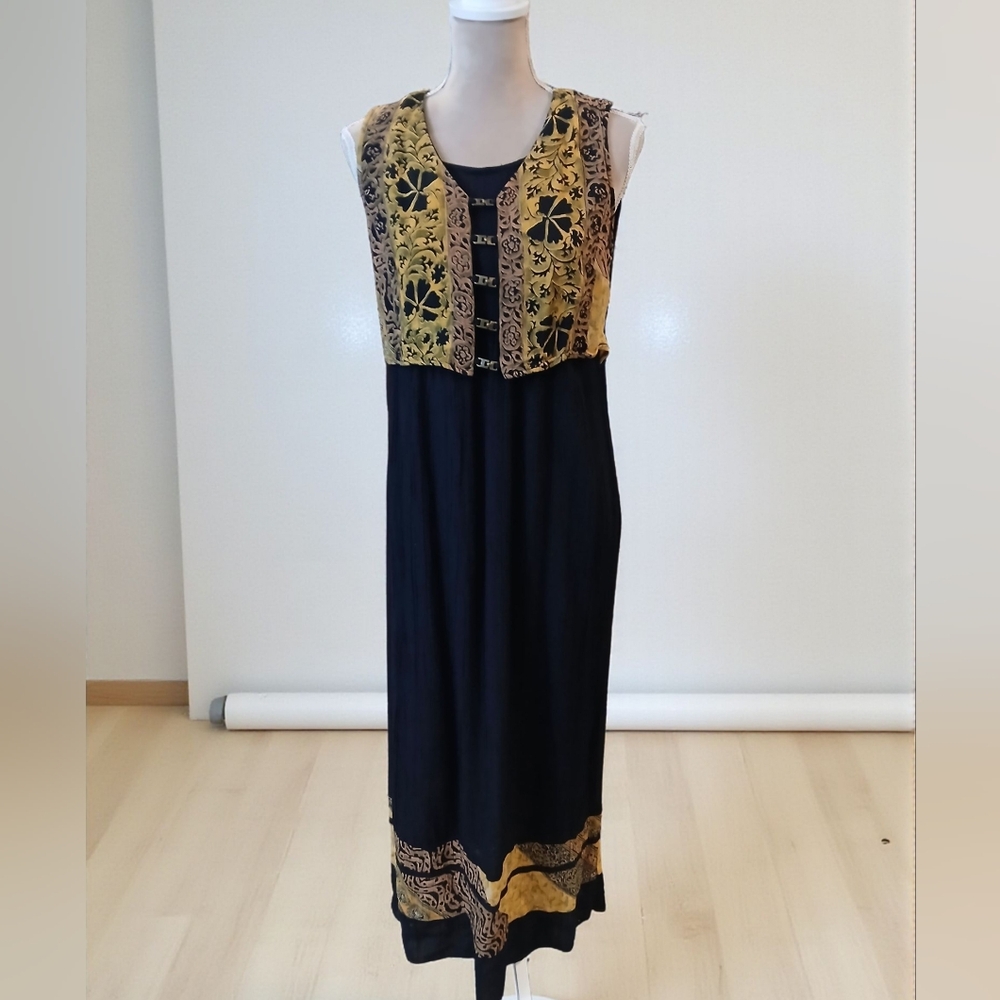 Black Tan Artsy Vest Layer Maxi Dress Womans Medium 90s African Sleeveless